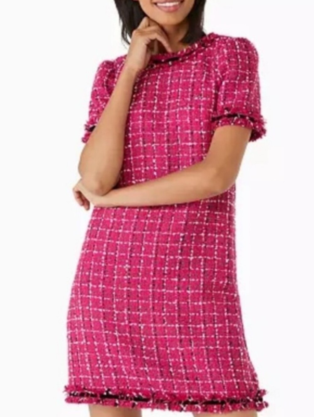 kate spade Bright Pink Tweed Mini Shift Dress Sz 10 Black & White Accent Thread